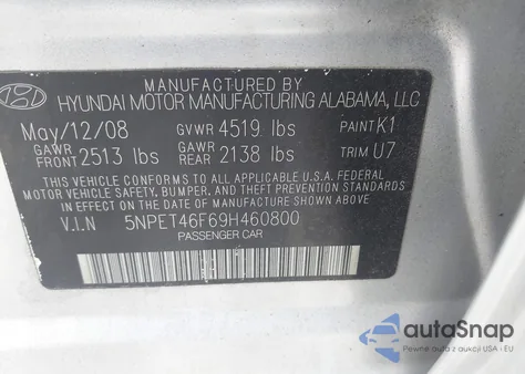 2009 Hyundai Sonata Gls V6 z USA, uszkodzony, nr VIN 5NPET46F69H460800